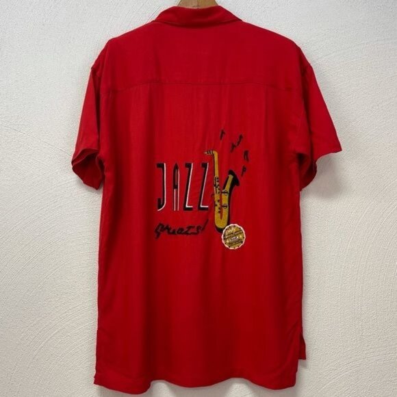 Pinky 1950s-60s Red Rayon Embroidered Jazz Button Down Bowling Style Shirt Sz M
